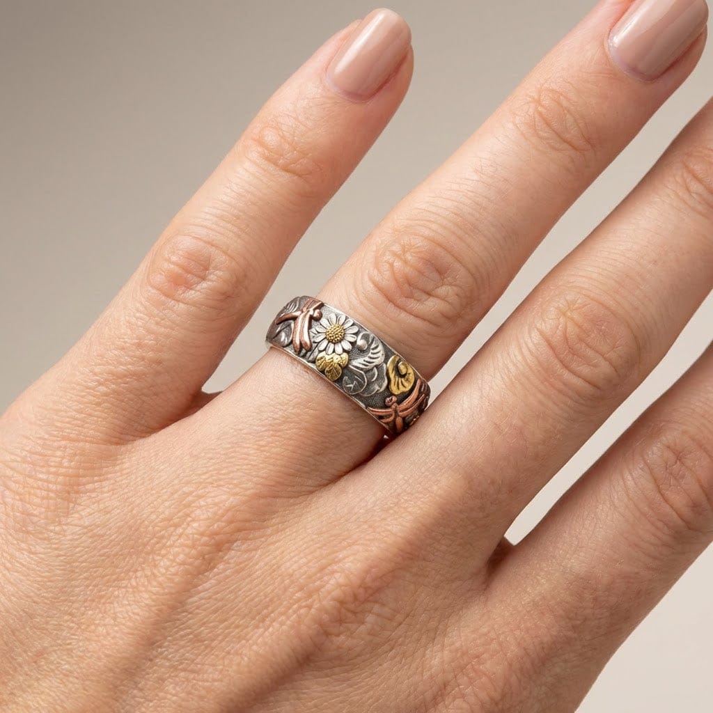 Vintage-Ring aus Silber mit Libelle und Sonnenblume, handgefertigt, feines Detail und Handwerkskunst der Marke Rose & Oliver.