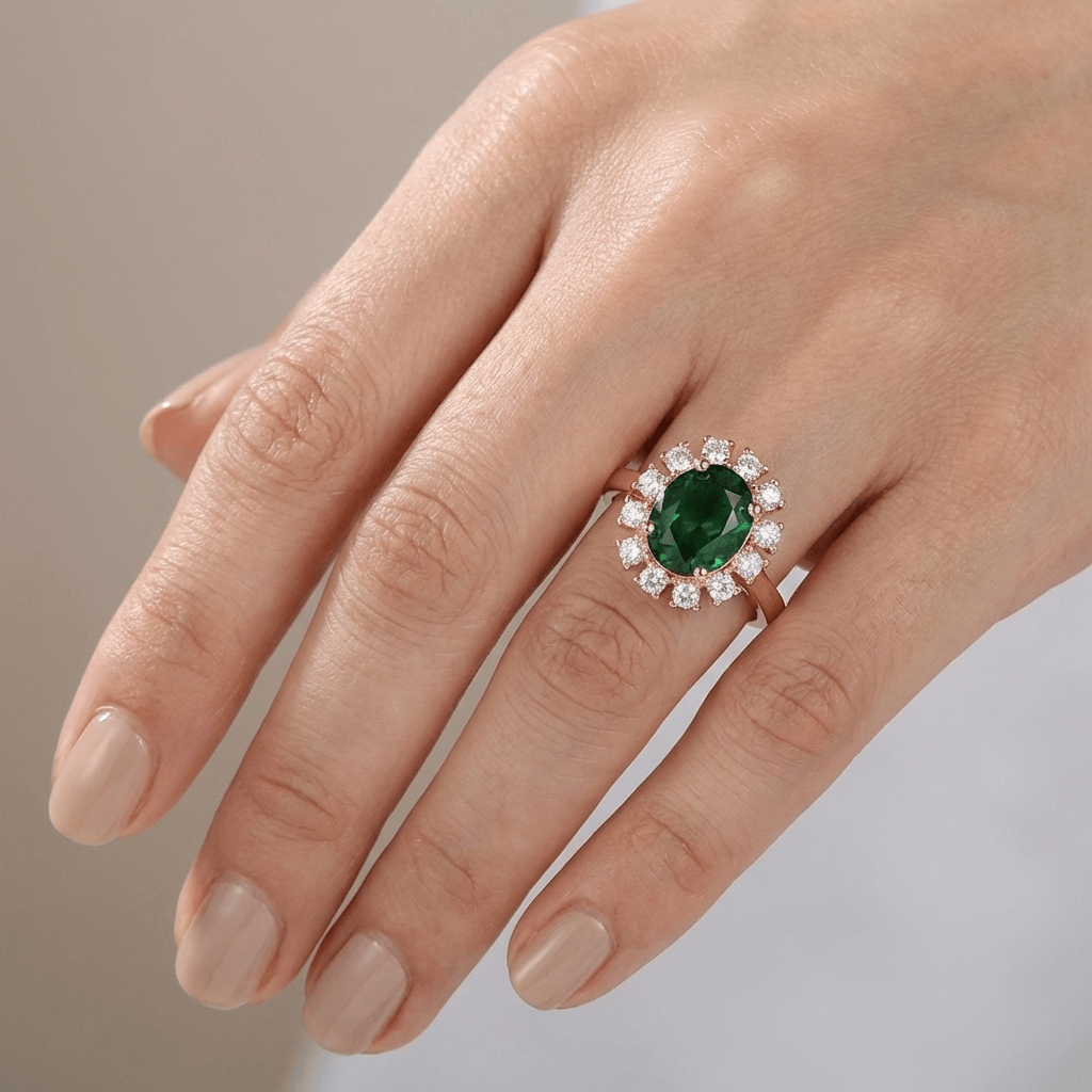 Roségold-Ring mit Diamanten und Smaragden im Halo, verstellbar, von der Marke Rose & Oliver – elegantes und raffiniertes Schmuckstück