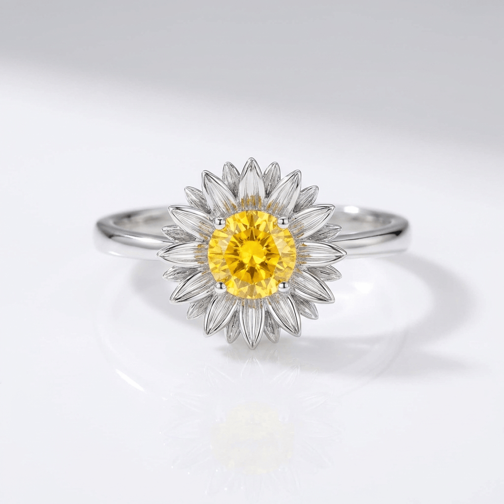 Anel ajustável Rose & Oliver com flor de girassol dourada e detalhes delicados, ideal para acessórios elegantes e versáteis.