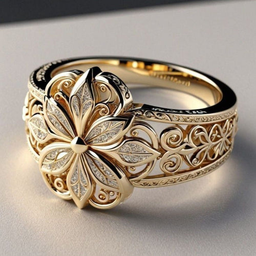 Anillo Rose & Oliver con circonia exótica dorada y detalles florales, acabado elegante y acabado dorado brillante.