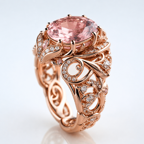 Anillo Oro Rosé con Turmalina Ornate de Rose & Oliver, detalle elaborado en oro rosado y piedra colorida.