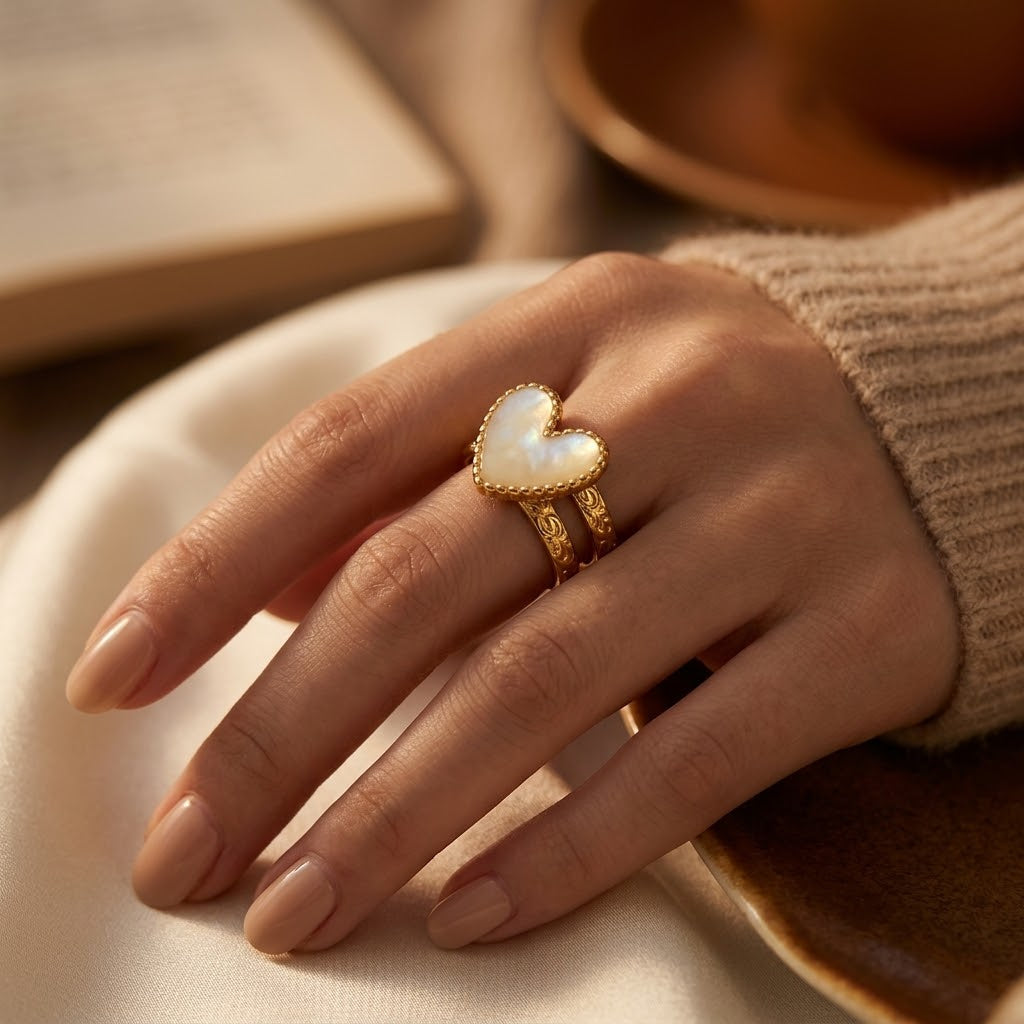Anel de ouro com design de coração, da marca Rose & Oliver, exibindo detalhes delicados e acabamento brilhante.