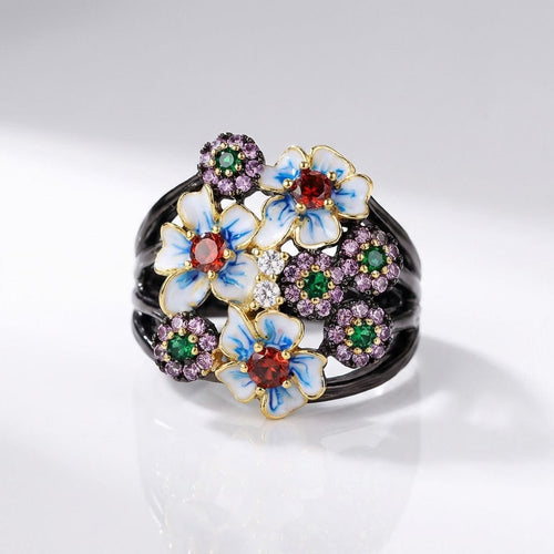 Anel Colorido com Flores de esmalte da Rose & Oliver, detalhes vibrantes de jardim de flores em prata.